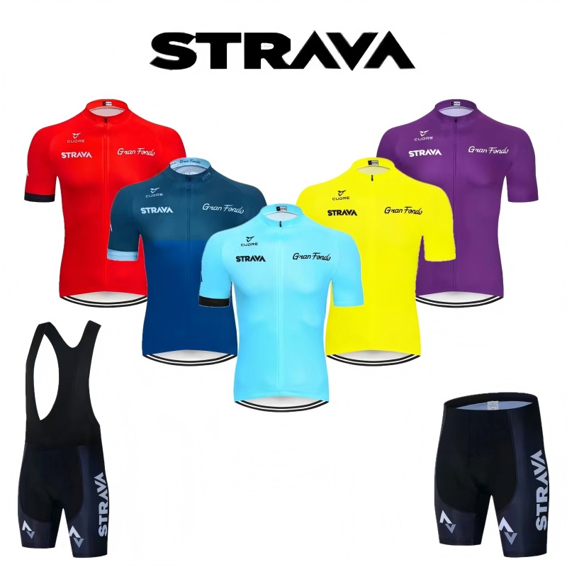 Race Bib - ชุดเสื้อเจอร์ซีย์ปั่นจักรยาน Strava สำหรับฤดูร้อน ชุดเสื้อยืดปั่นจักรยานพร้อมกางเกงขาสั้น ชุดไตรแอธลีตสำหรับปั่นจักรยานเสือภูเขา แห้งเร็ว